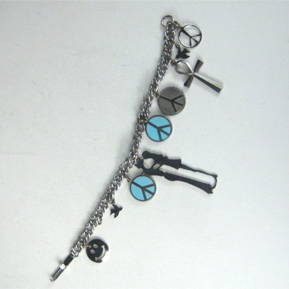 Silver Tone Charm Bracelet Peace Signs Ankh Cross Dove Couple Smile Charms 1970s